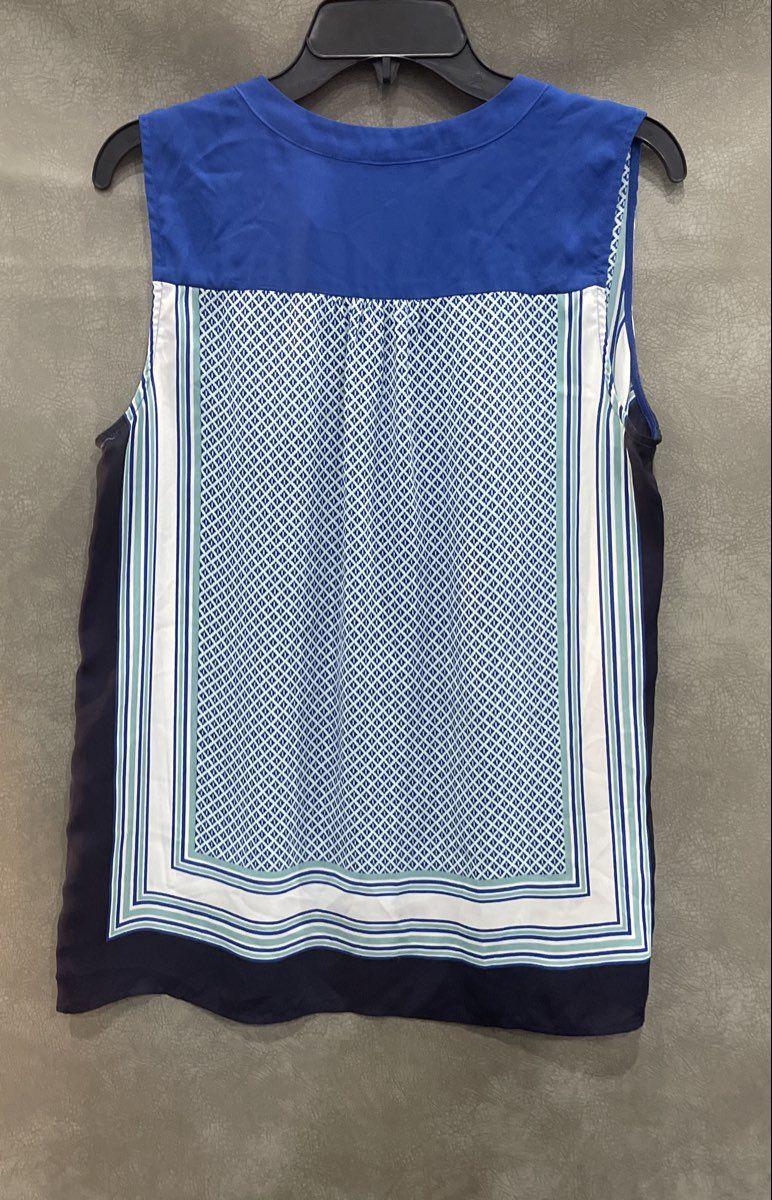 LOFT Women's Blue White Geometric Tile Scarf Print Sleeveless Blouse Size M