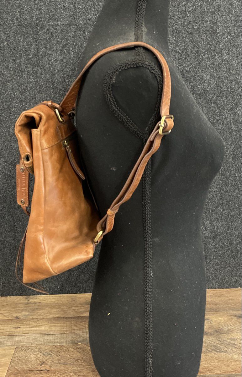 Diba True Cognac Brown Leather Flap Backpack Purse Whipstitch Boho Bag