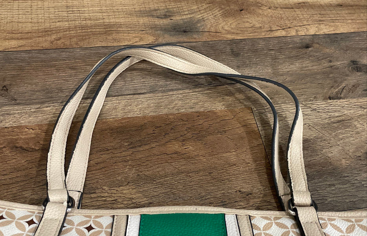 Dana Buchman Cream White Green Geometric Pattern Leather Tote Handbag