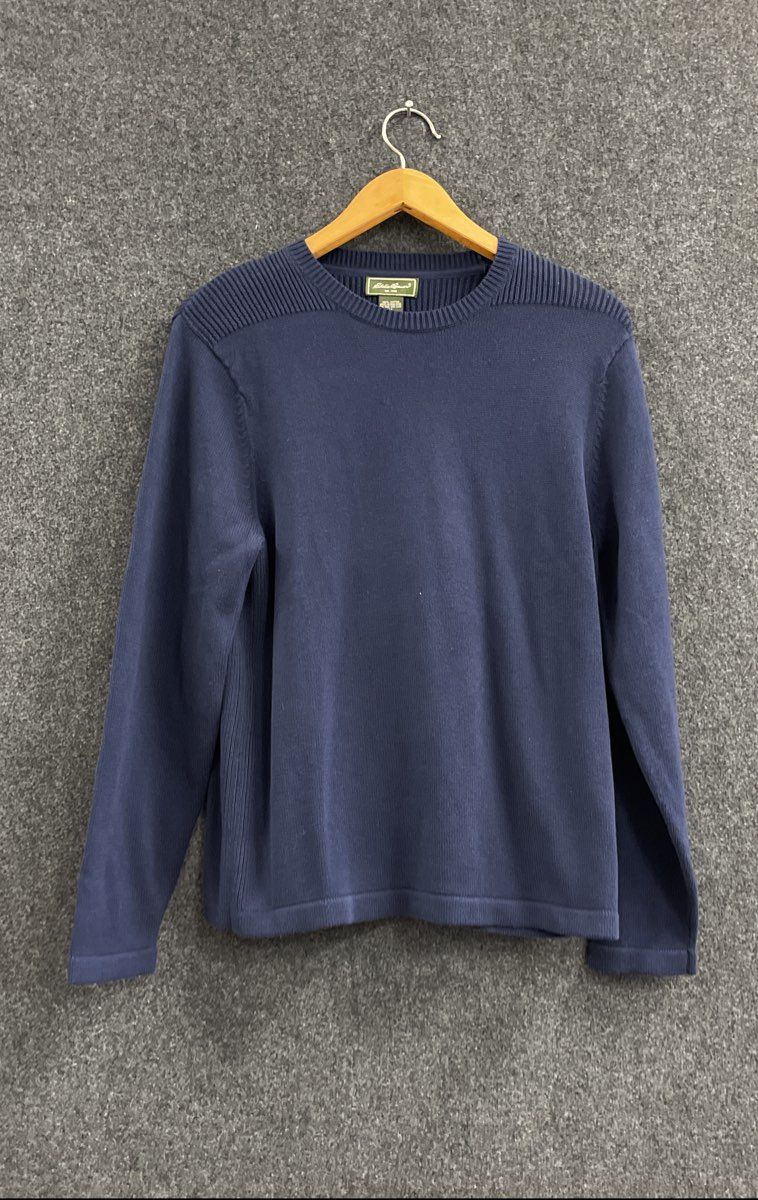 Vintage 90s Eddie Bauer Men's Navy Blue 100% Cotton Ribbed Crewneck Sweater Sz M