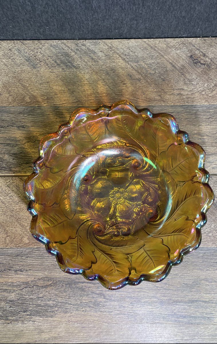 Indiana Glass Wild Rose 9" Ruffled Bowl Marigold Carnival Vintage