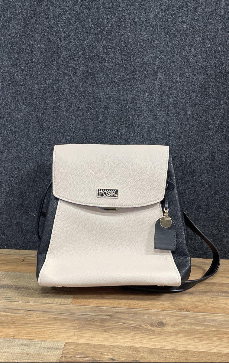Perfectly Posh Black Cream Pebbled Convertible Backpack Handbag Gold Hardware