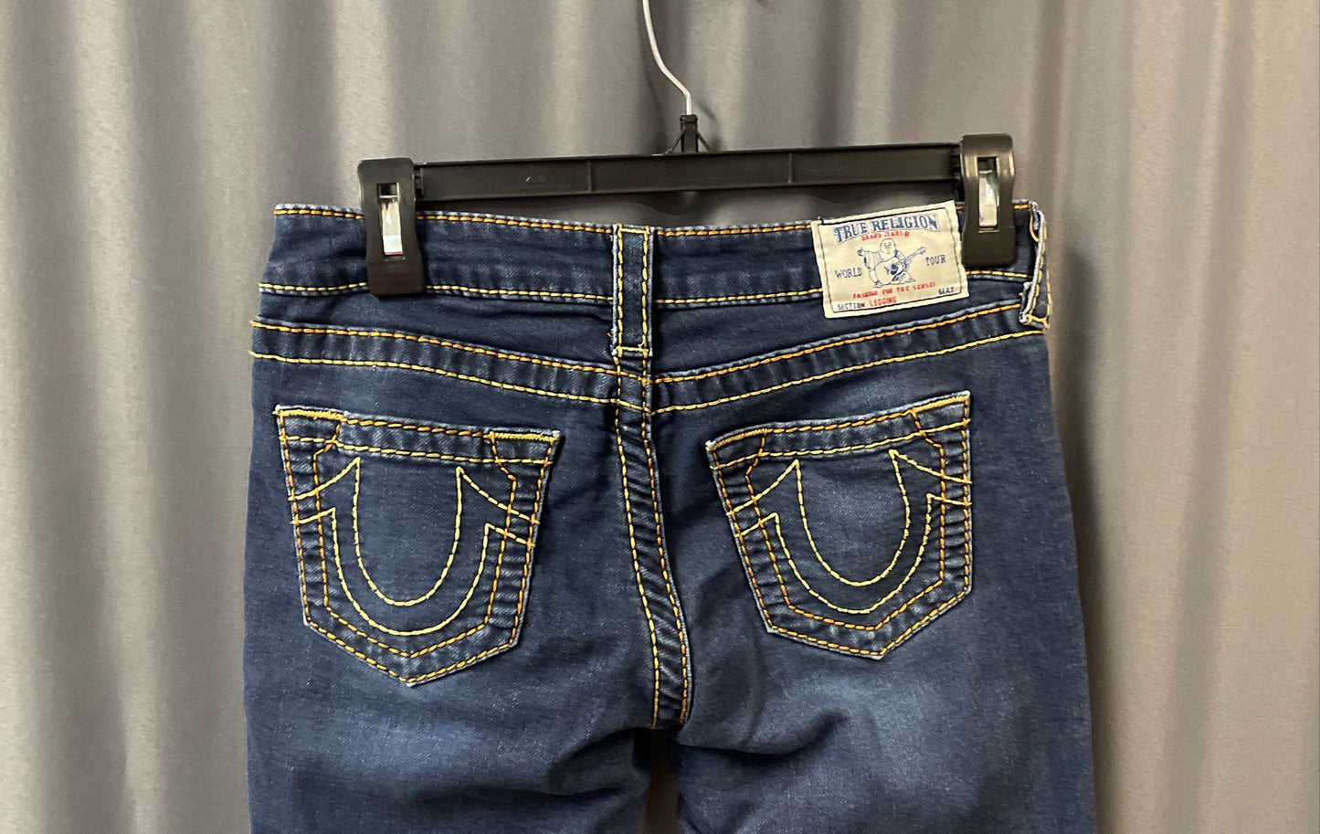 True Religion Women's Section Legging Blue Jeans Yellow Contrast Stitch Sz 28
