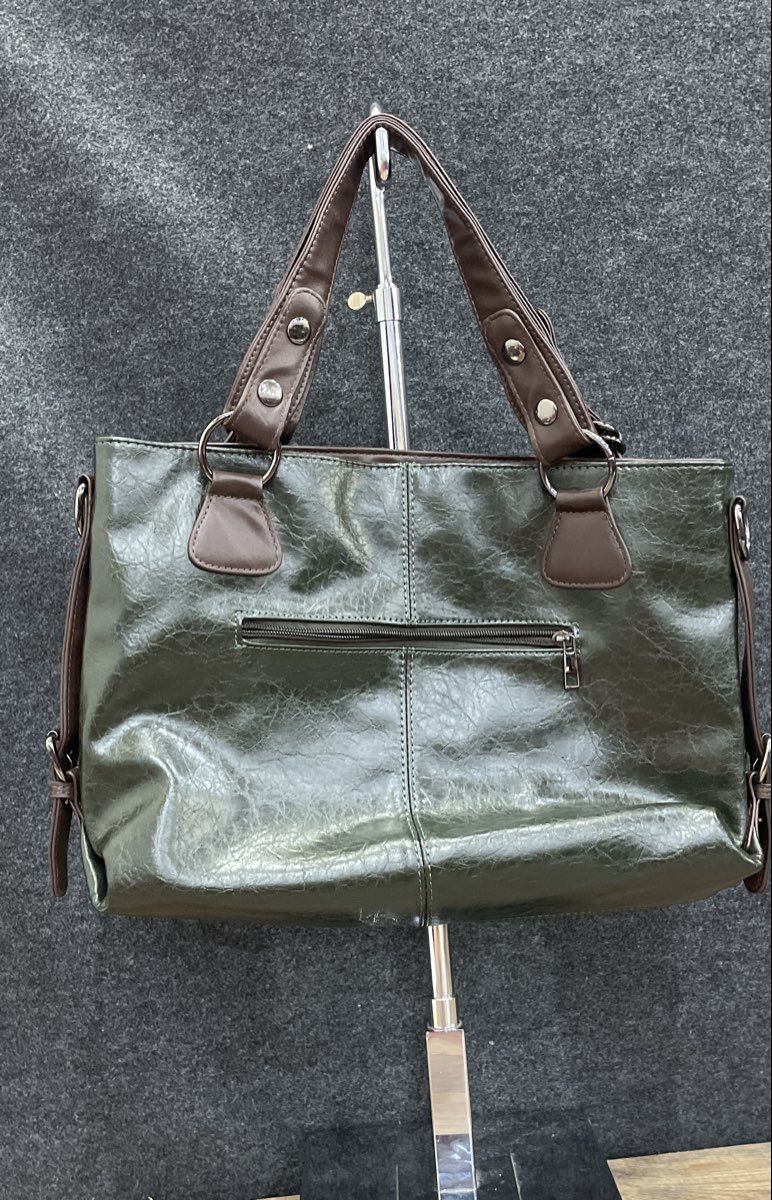 GB Green Textured Leather Tote Bag Brown Trim Gunmetal Hardware Large
