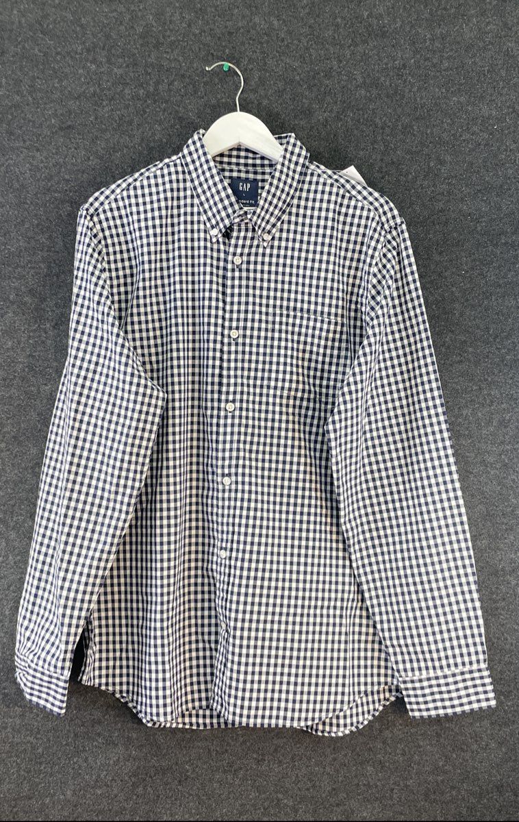 Gap Men's Button-Front Shirt Navy White Gingham Standard Fit Sz L NWT