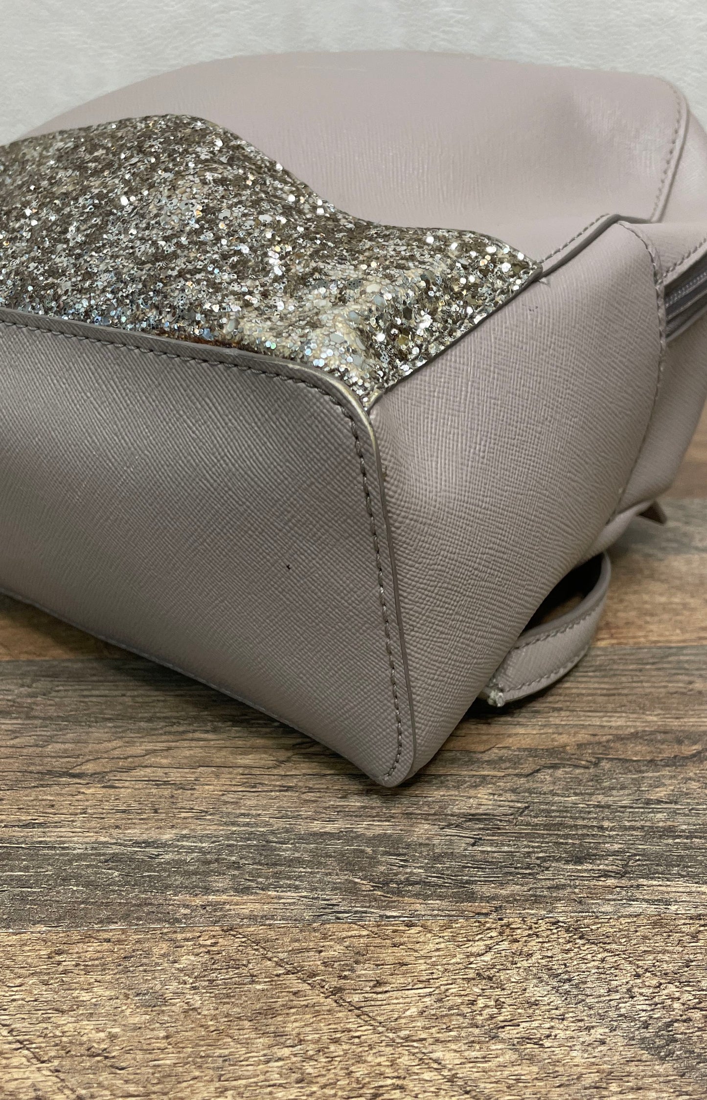 Kate Spade Mauve Grey Saffiano Leather Glitter Small Backpack Gold Hardware