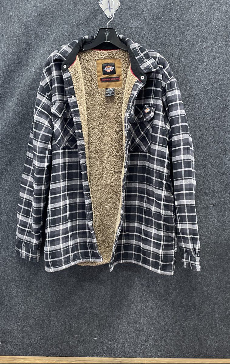 Dickies Men's Black Gray Plaid Sherpa Lined Flannel Shirt Jacket Sz L Shacket
