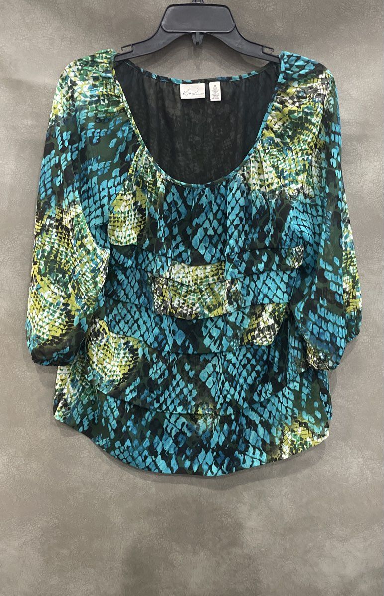 Kim Rogers Women's Blue Teal Tiered Snake Print 3/4 Sleeve Blouse Top Sz M