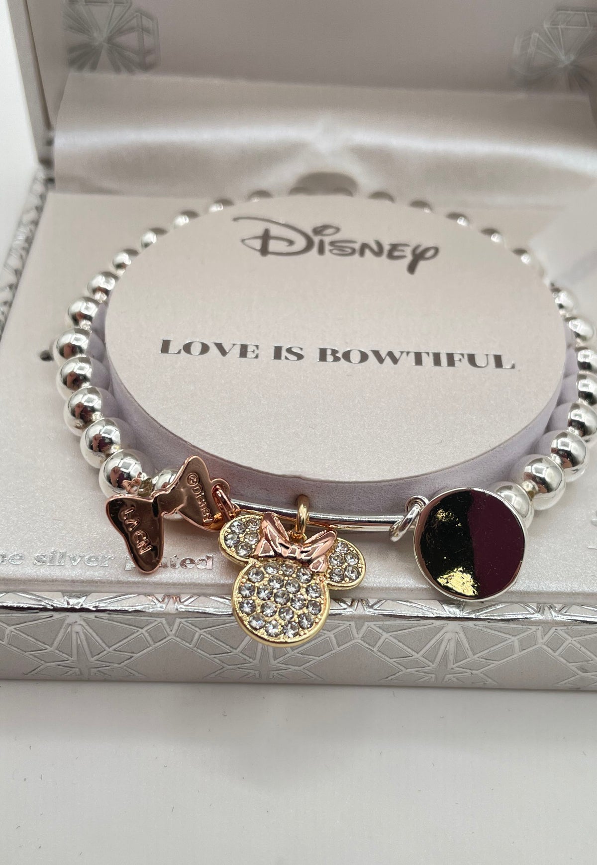 Disney Tri-Tone Minnie Mouse Love Is Bowtiful Charm Bracelet In Box