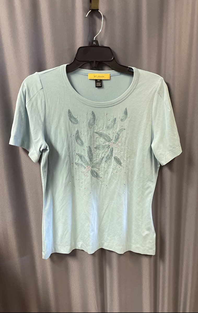 St. John Women's Blue Embellished Beaded Floral Short Sleeve Tee Shirt Sz M
