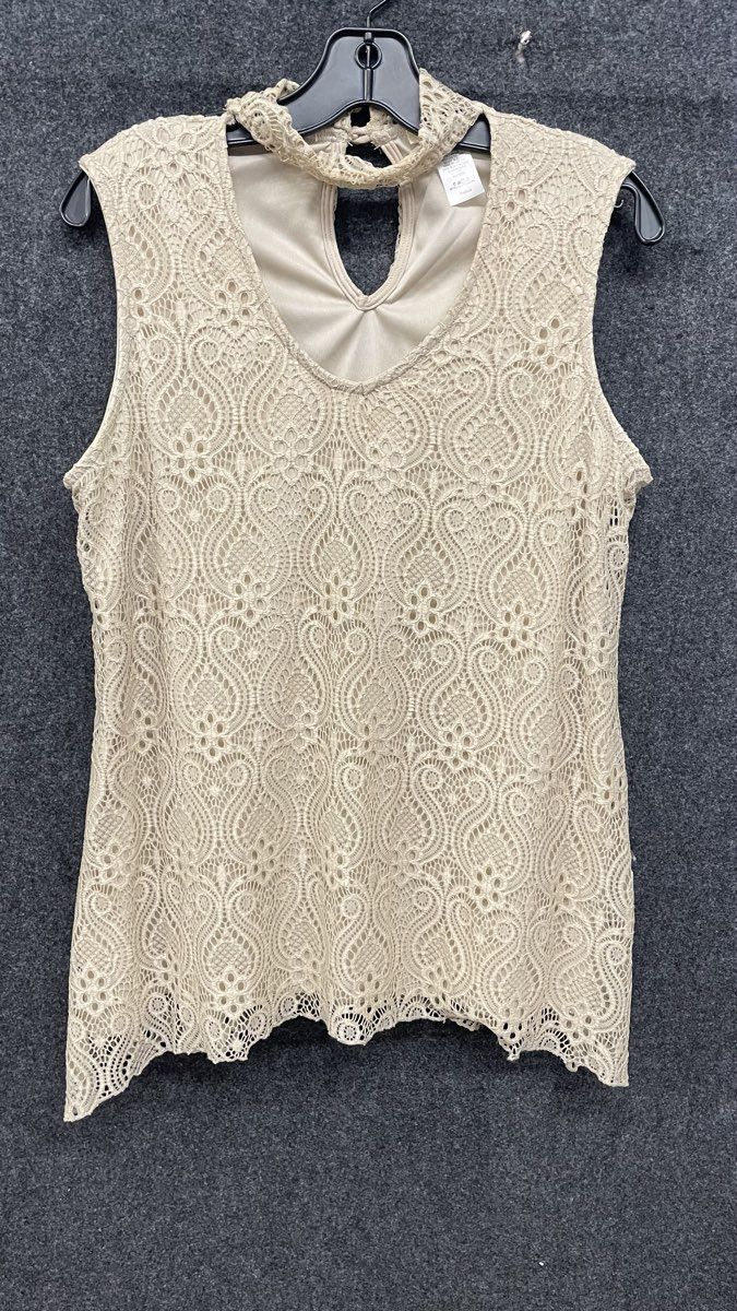 Brittany Black Women's Ivory Lace Sleeveless Blouse Mock Neck Keyhole Hem Size M