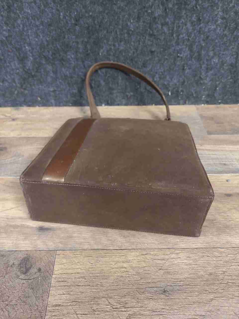 Vintage 1950s Brown Suede Leather Stripe Top Handle Frame Bag Handbag