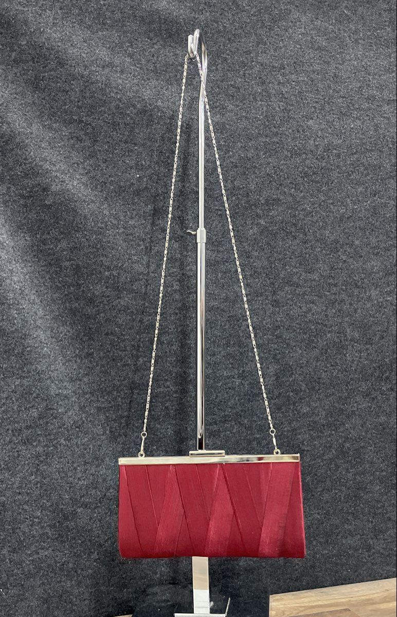 Camille La Vie Red Fabric Pleated Evening Clutch Shoulder Bag Silver Tone Chain