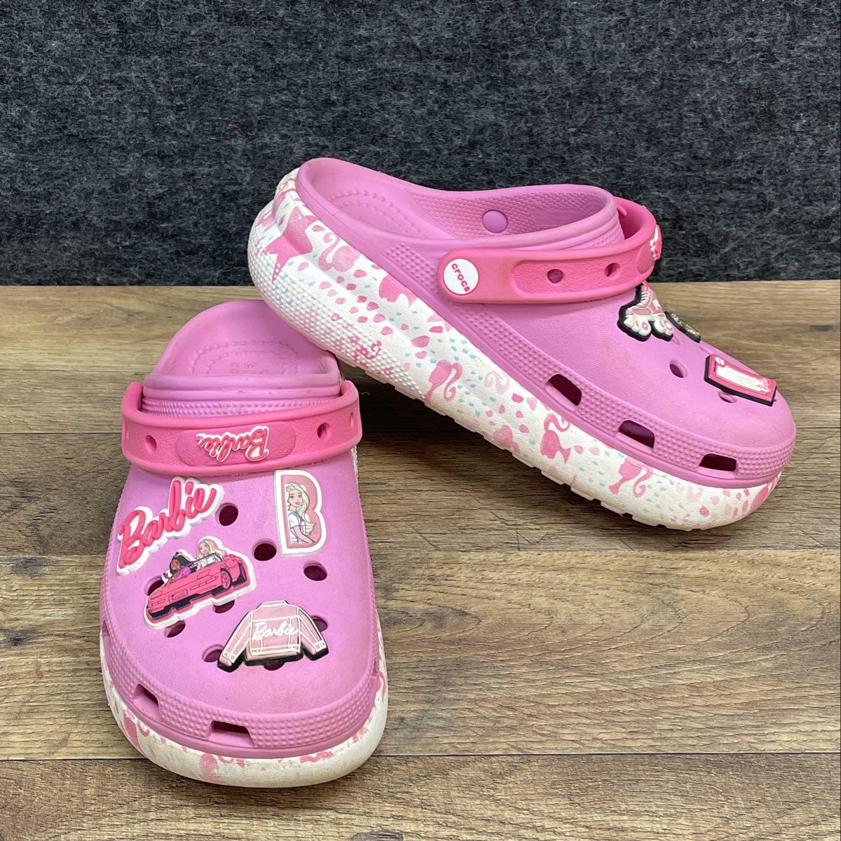 Crocs Barbie Classic Clog Pink White Patterned Sole with Charms Youth Size J4