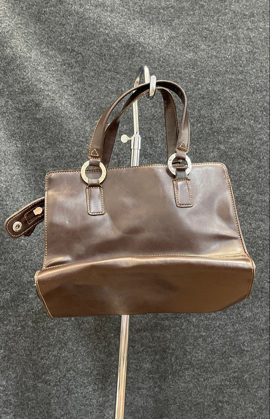Vintage Tommy Hilfiger Brown Leather Satchel Handbag Silver Hardware