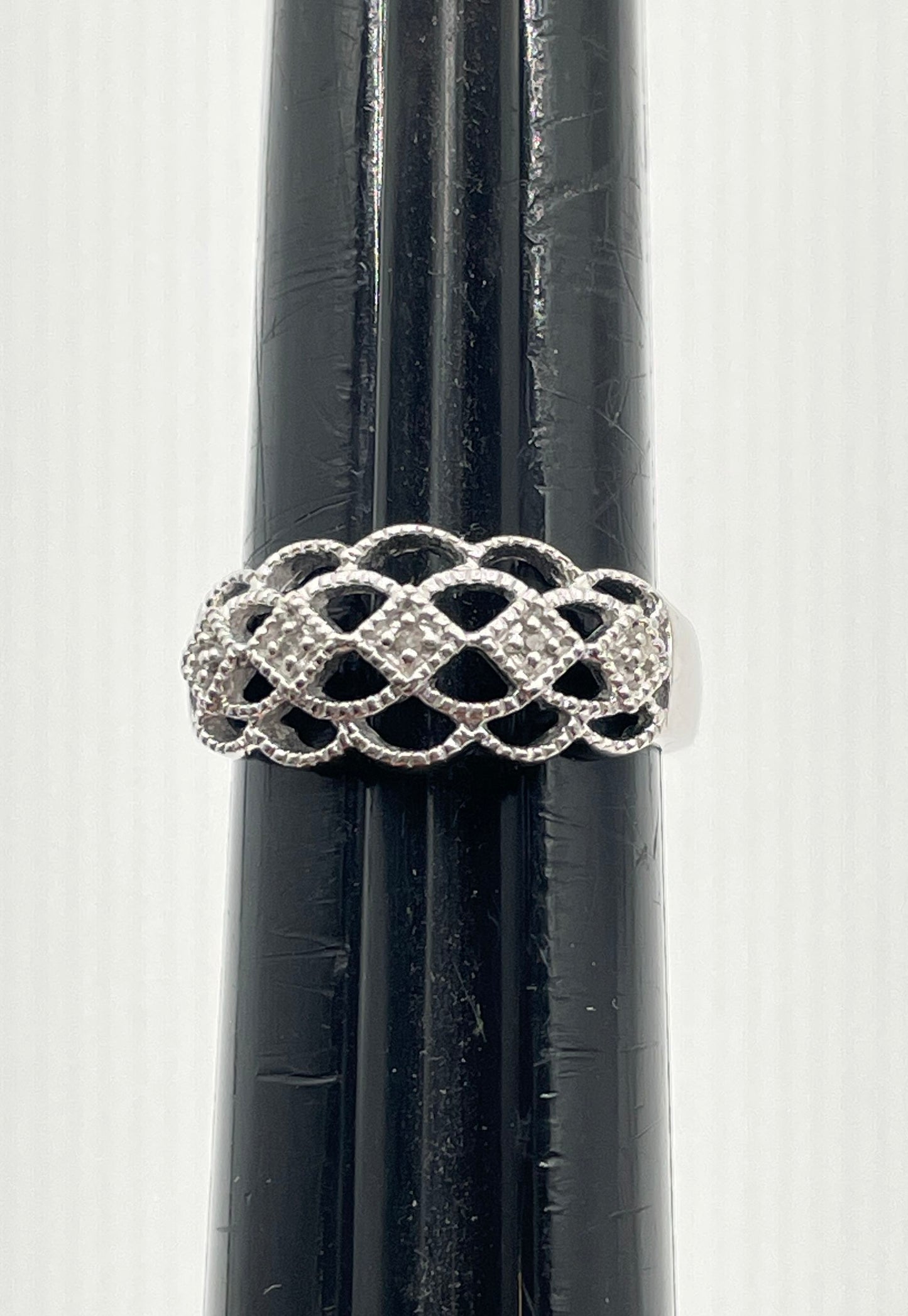 925 Sterling Silver Domed Basket Weave w/ Diamond Accents Ring 3.5g
