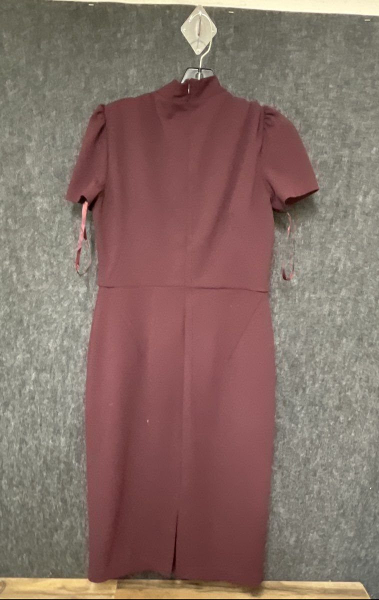 Maggy London Women's Burgundy Pussy Bow Necktie Puff Sleeve Crepe Sheath Dress 6