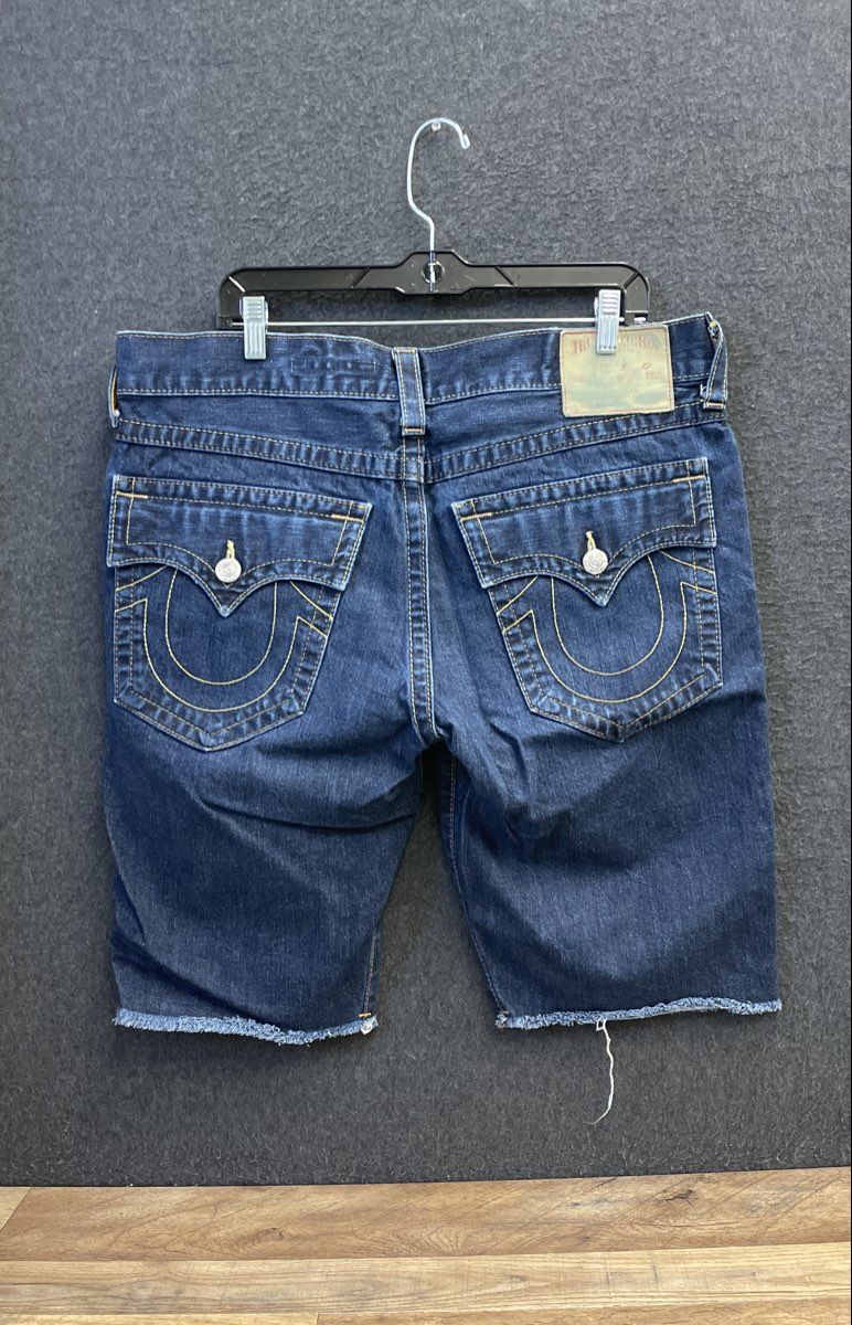 True Religion Men's Indigo Cutoff Denim Shorts Horseshoe Flap Pockets Sz 36