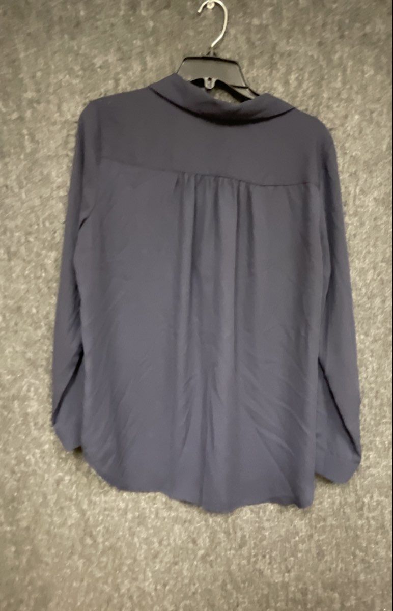 Ann Taylor Petite Women's Navy Blue Utility Popover Blouse Long Sleeve Sz LP