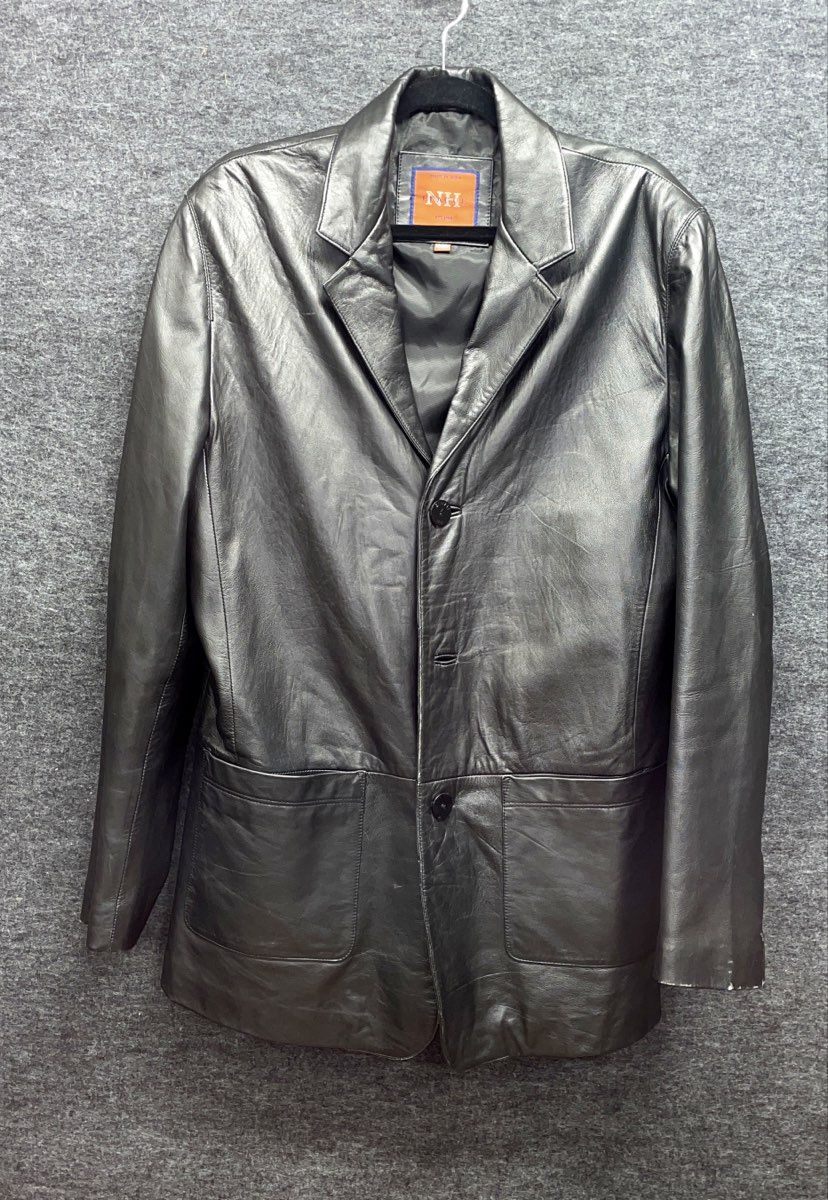 NH League Men's Black Leather Car Coat Blazer Jacket Vintage 90s Sz 46L