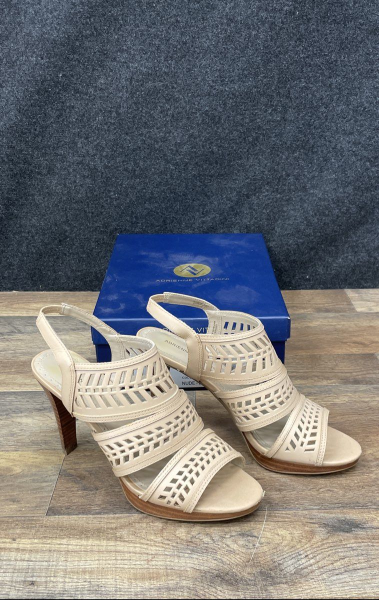 Adrienne Vittadini Prim Nude Leather Laser Cut Platform Slingback Heels Size 9.5