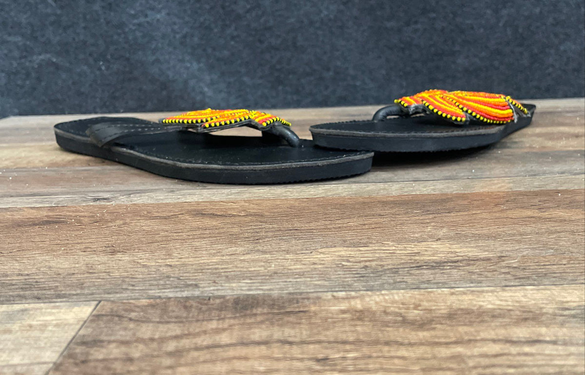 Handmade Beaded Leather Thong Sandals Black Yellow Red Orange Size 40