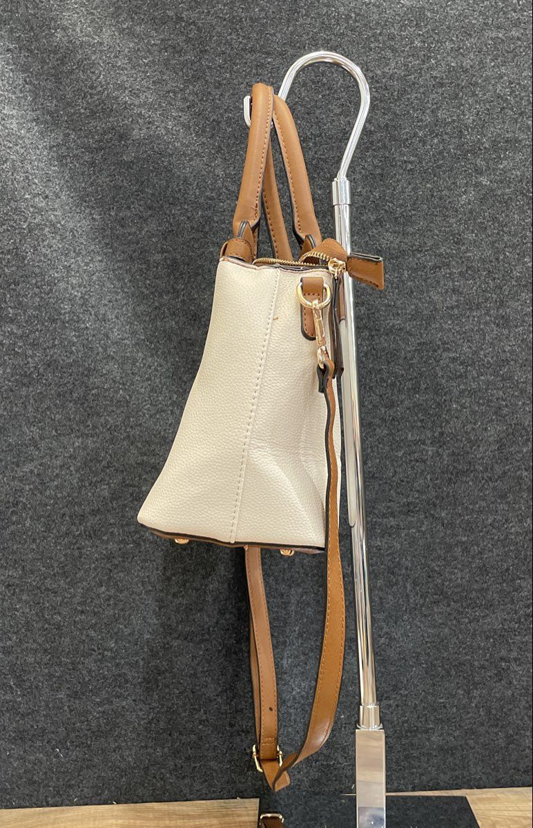 Seven Days White Tan Leather Satchel Handbag Crossbody Gold Tone Hardware
