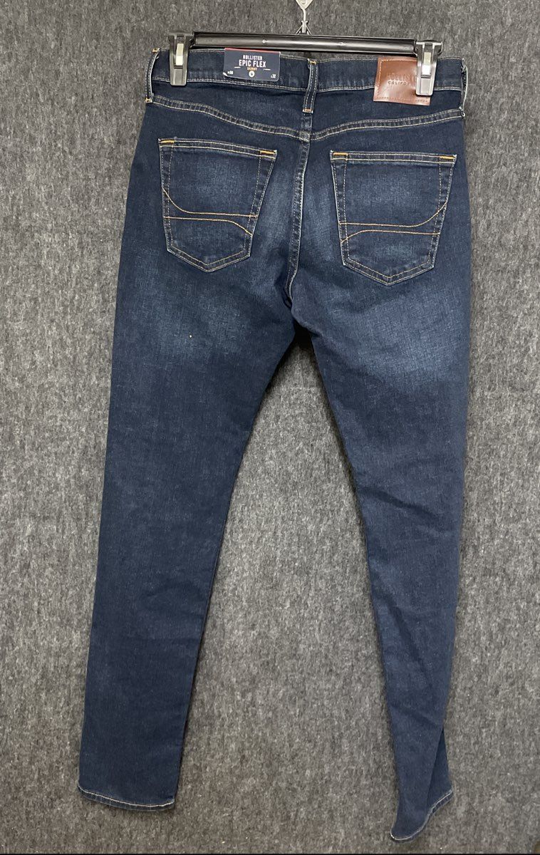 Hollister Men's Epic Flex Skinny Jeans Dark Wash Faded Whiskering NWT 30x32