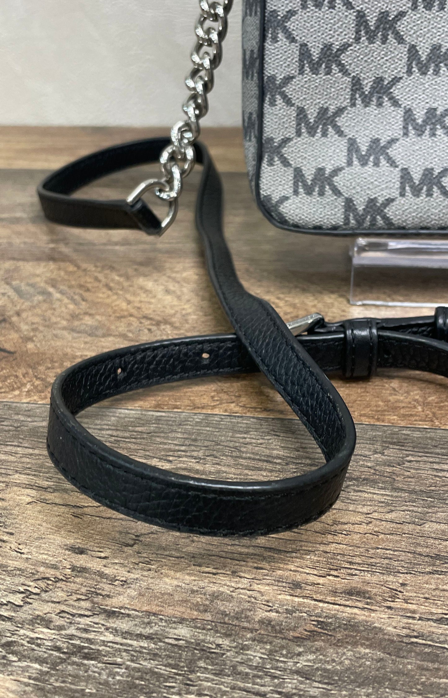 Michael Kors Grey Black Monogram MK Signature Crossbody Bag Silver Hardware
