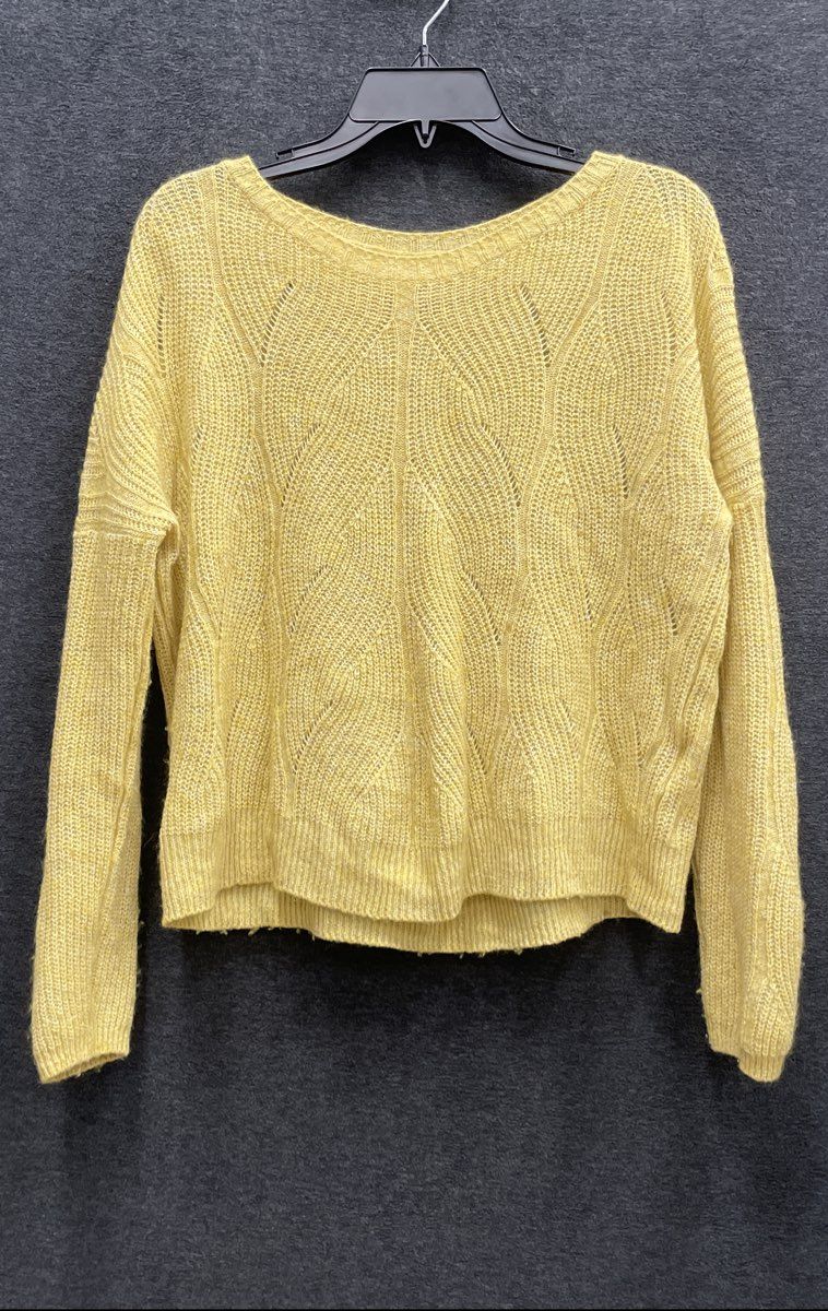 Anthropologie Women's Mustard Yellow Leaf Pointelle Knit Pullover Sweater Sz S
