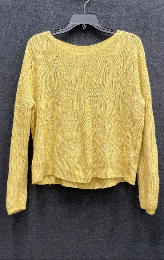 Anthropologie Women's Mustard Yellow Leaf Pointelle Knit Pullover Sweater Sz S