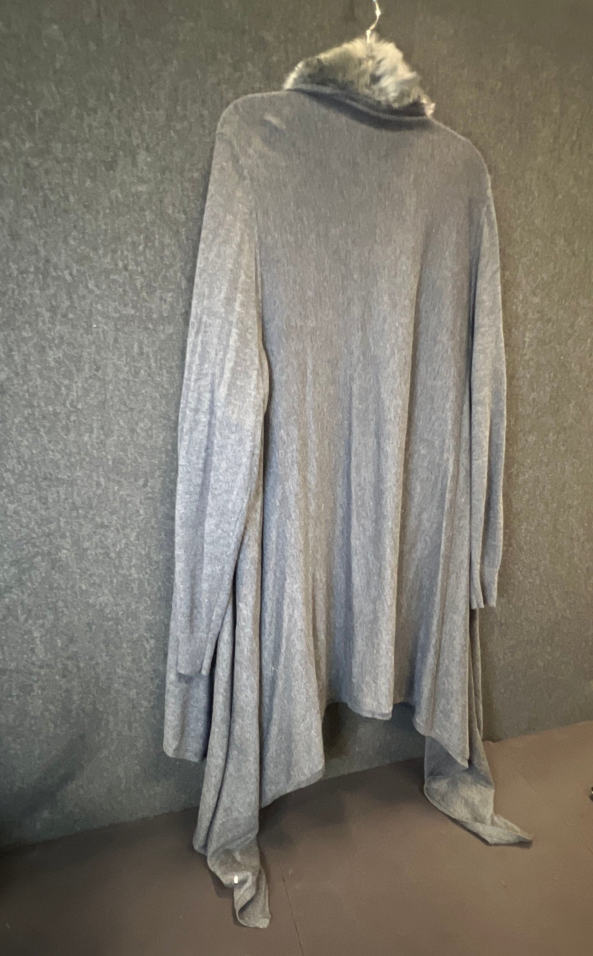 Worthington Women's Gray Faux Fur Trim Striped Open Front Cardigan Duster Sz 2X