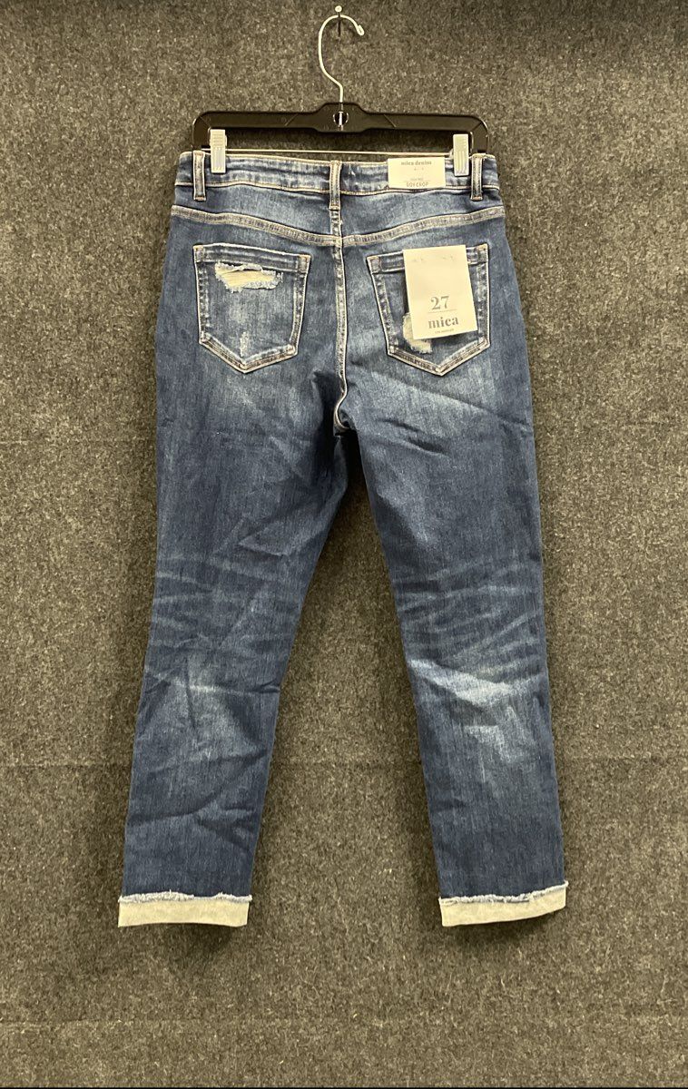 Mica Denim Women's Blue High Rise Boy Crop Distressed Ripped Jeans NWT Size 27