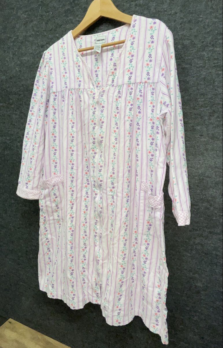 Bobbie Brooks Women's Purple Floral Striped Cotton Zip Front Nightgown L 14/16