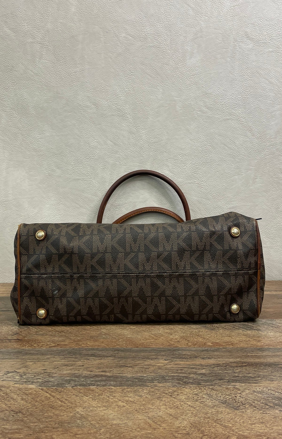 Michael Kors Brown Monogram Canvas Satchel Handbag Gold Hardware