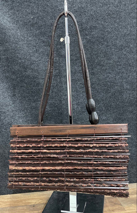 Vintage Brown Wood Slat Twig Boho Shoulder Bag Wooden Bead Accents Handbag