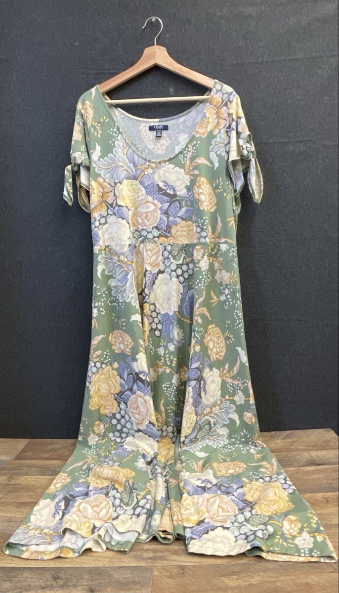 Chaps Women's Green Floral Cotton Scoop Neck Tie Sleeve Maxi Dress Sz XXL