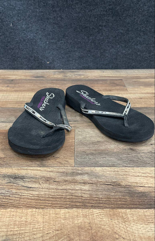 Skechers Yoga Foam Black Rhinestone Embellished Thong Flip Flop Sandals Size 9