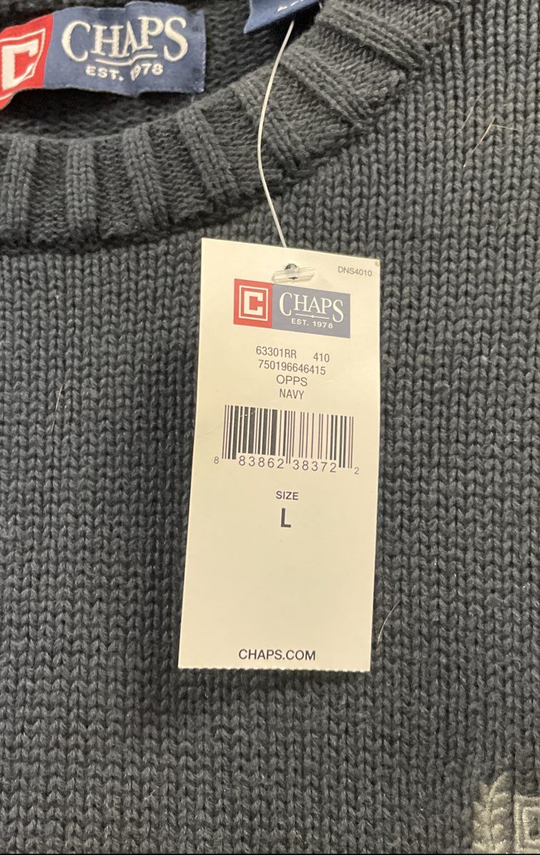 Chaps Men's Navy Blue 100% Cotton Ribbed Crewneck Sweater Size L NWT