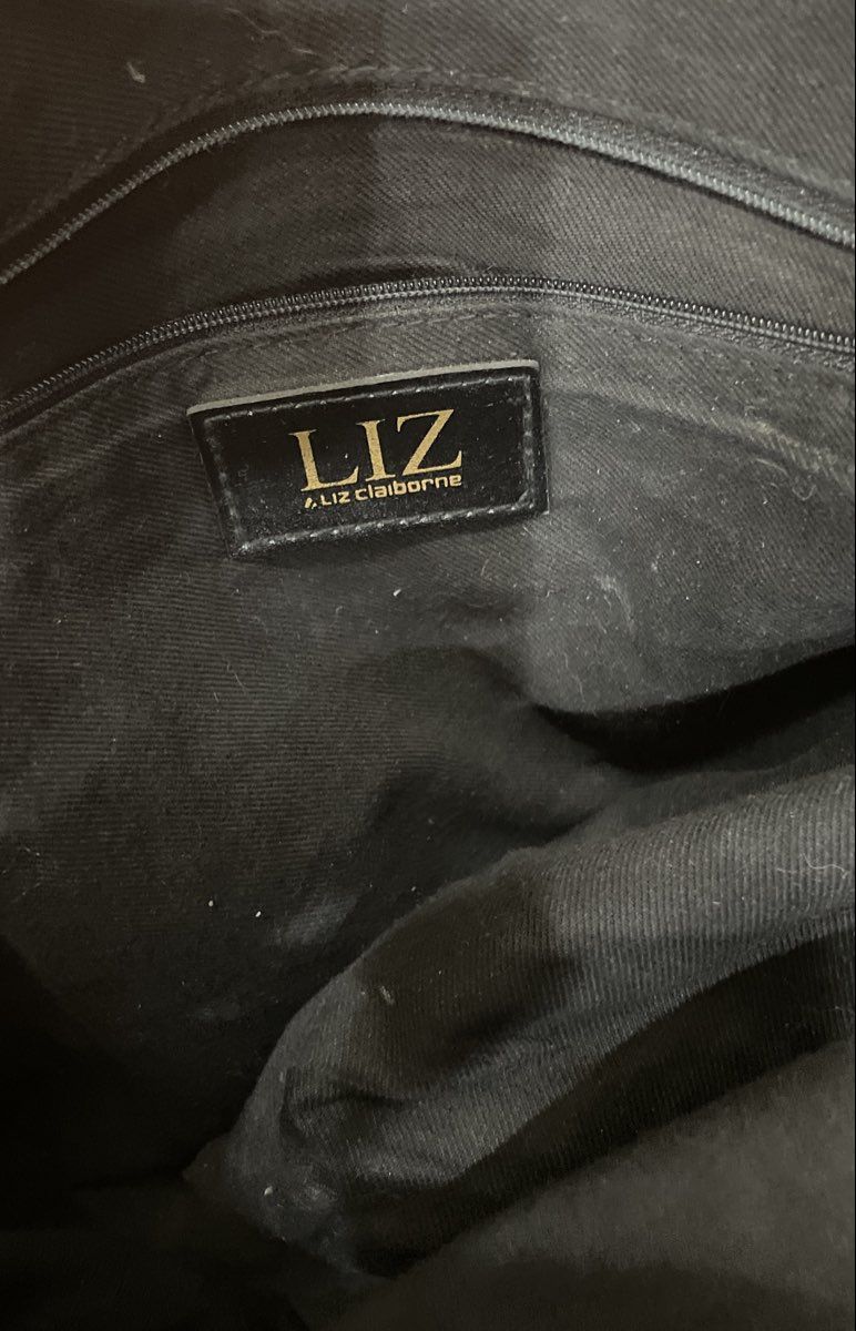 Liz Claiborne Black Faux Leather Large Tote Bag Gold Tone Hardware