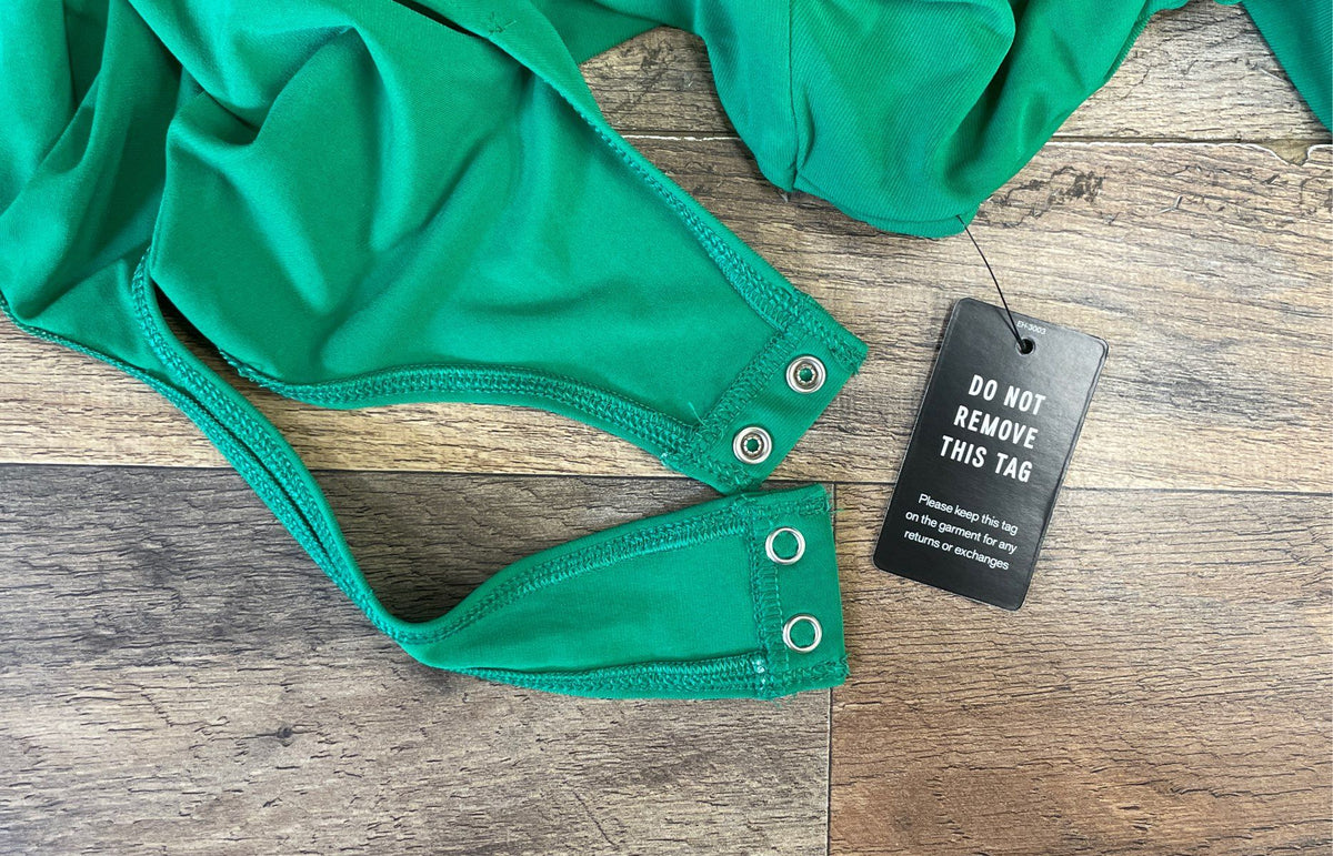 Express Women's Green V-Neck Long Puff Sleeve Ruched Cuff Bodysuit Sz XL NWT