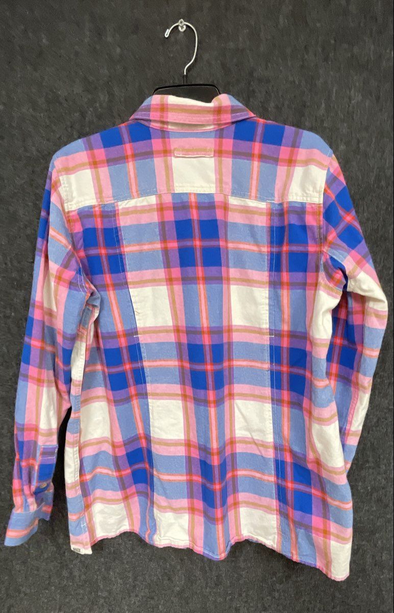 Duluth Trading Co. Women's Pink Blue Plaid Free Swingin' Flannel Shirt Sz L