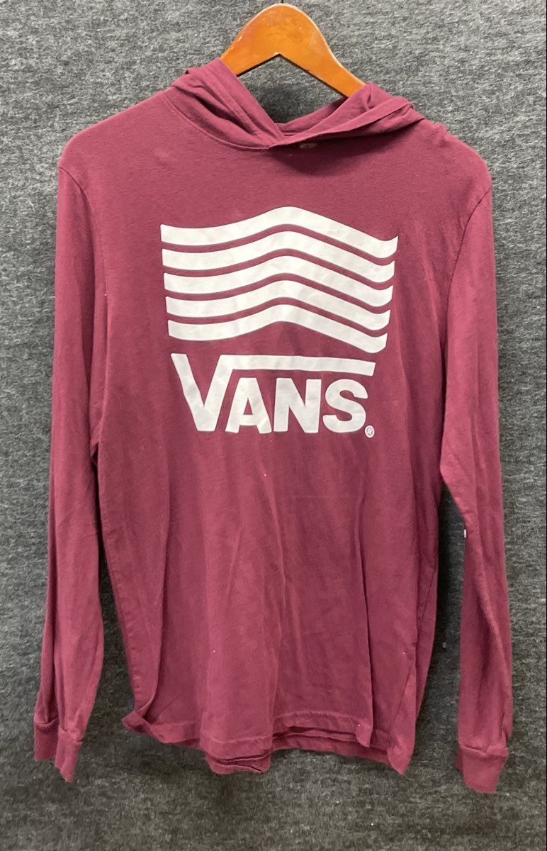 Vans Men's Maroon Red Long Sleeve Hoodie T-Shirt Off The Wall Graphic Sz S