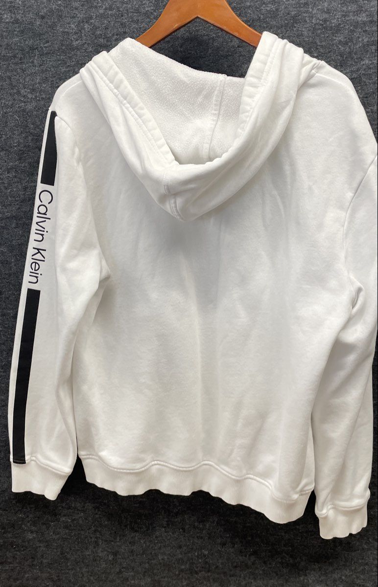 Calvin Klein Women's White Full Zip Hoodie CK Logo Sleeve Stripe Size L