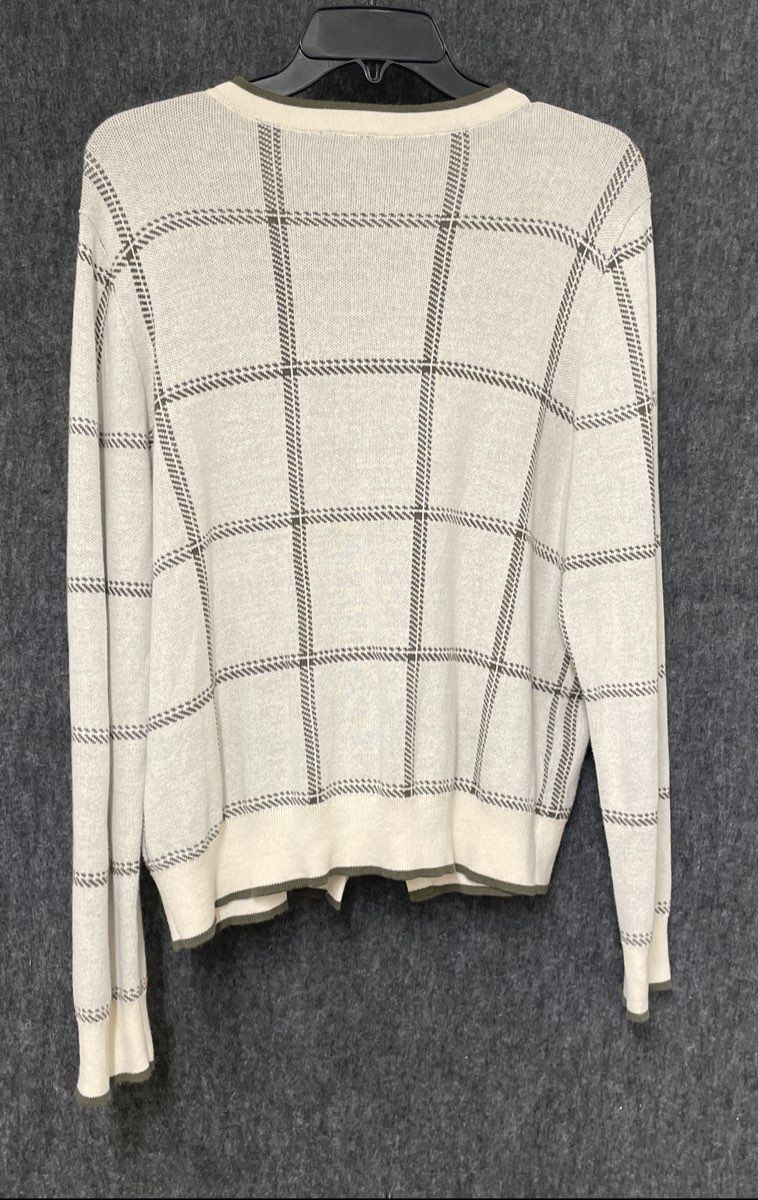 Ann Taylor Women's Cream Dark Green Windowpane Plaid Button Cardigan Sz XL