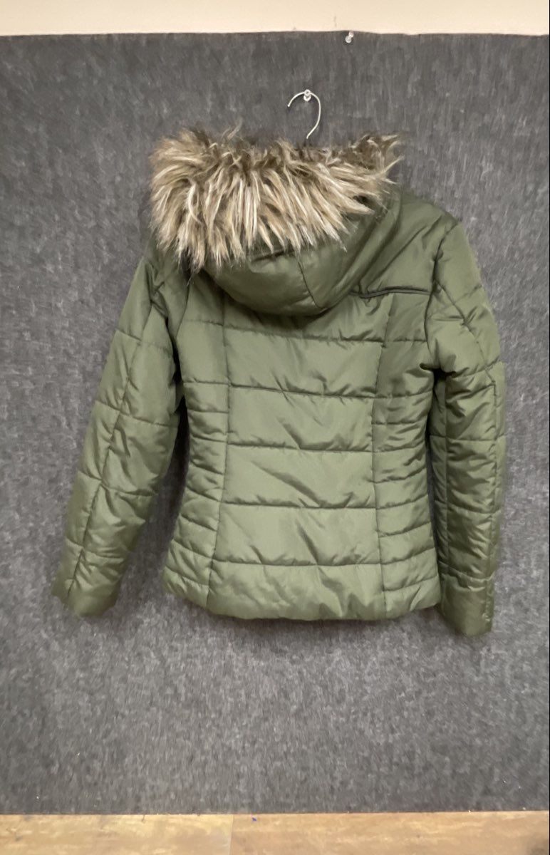 Celebrity Pink Women's Olive Green Quilted Puffer Jacket Faux Fur Hood Sz S