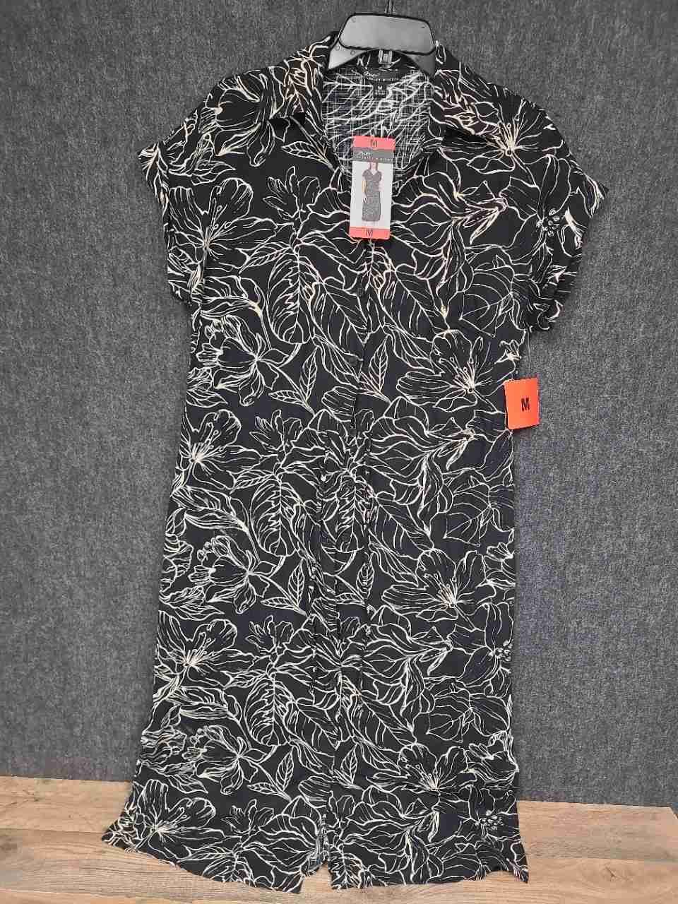 Jewel Badgley Mischka Women's Black Floral Button Front Shirt Dress Sz M NWT