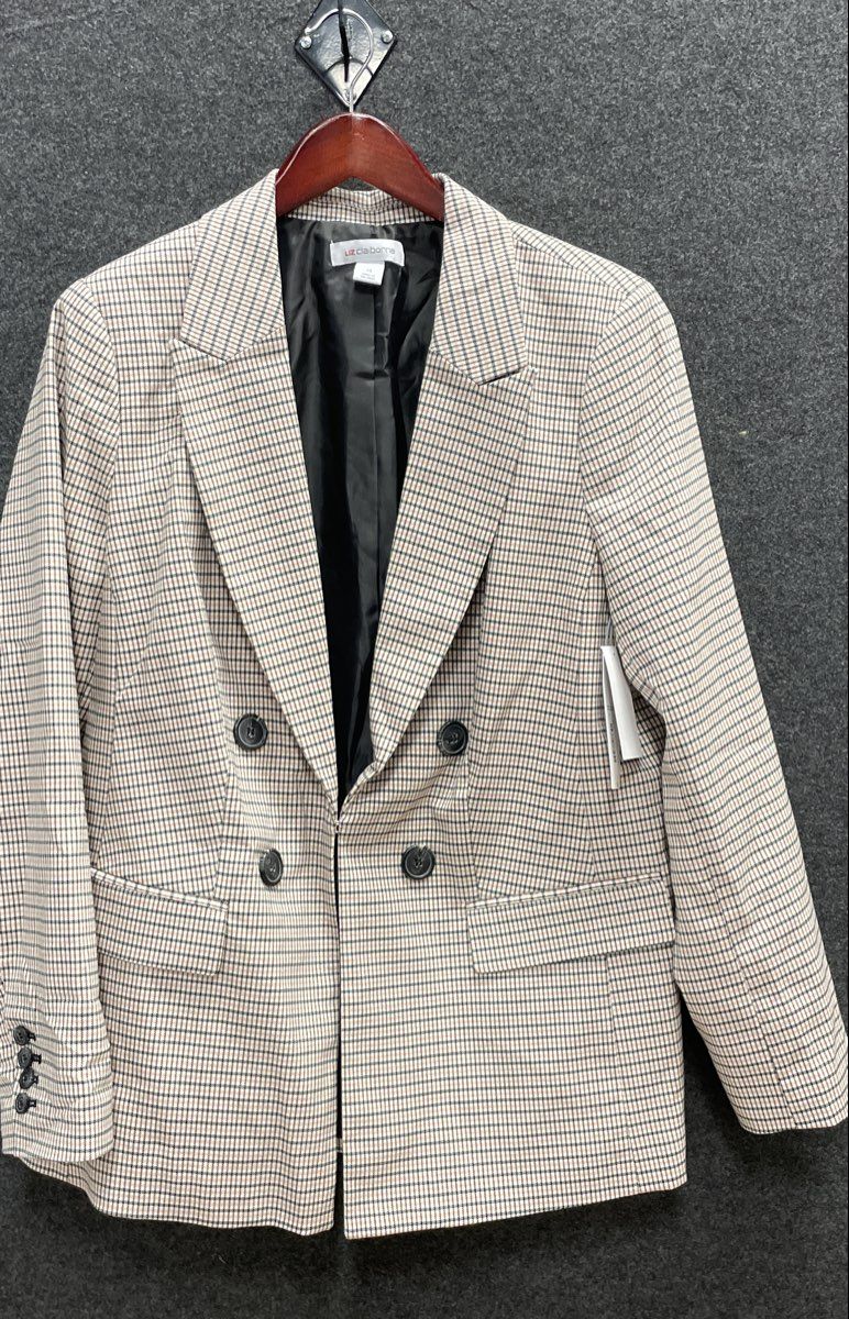 Liz Claiborne Women's Plaid Double Breasted Blazer Jacket Beige Size 14 NWT