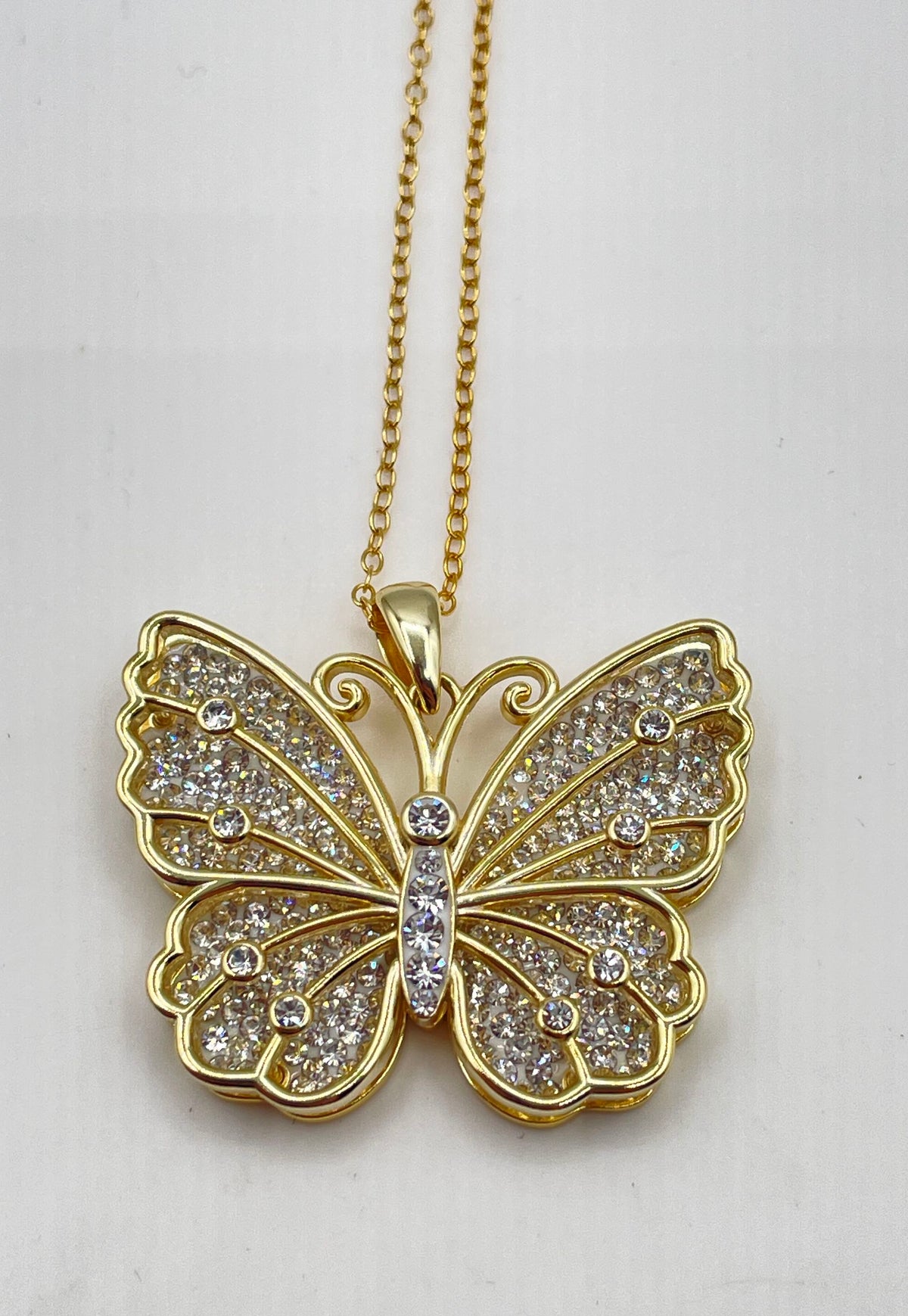 925 Sterling Silver Gold Tone Rhinestone Butterfly Pendant Necklace 7.8g