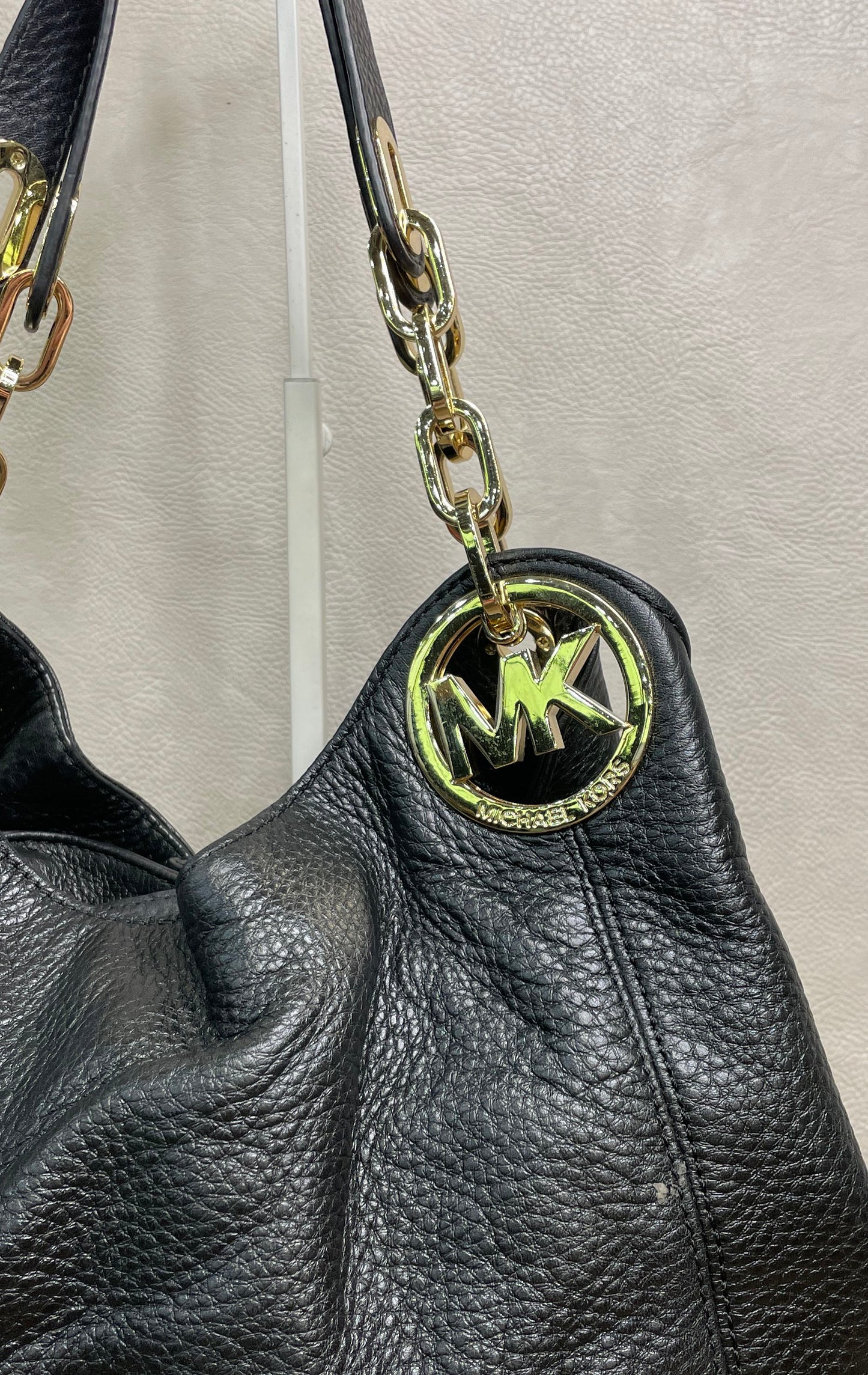 Michael Kors Black Pebbled Leather Fulton Large Hobo Bag Gold Hardware